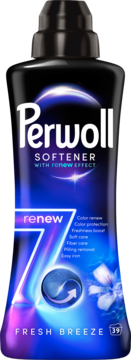 Perwoll Renew 7 Fresh Breeze płyn do płukania z efektem Renew, czarna butelka, niebieska etykieta, przód.