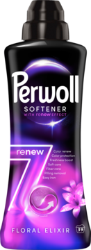 Perwoll Renew 7 Floral Elixir, czarna butelka płynu do płukania z fioletowym płynem i symbolem odnowy, z przodu.