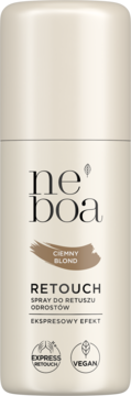 Neboa Retouch spray do odrostów Ciemny Blond, beżowa butelka. Widok z przodu, ikony Vegan i Express.