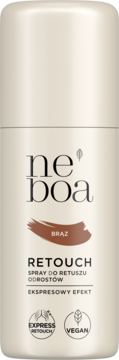 Neboa RETOUCH spray do odrostów brąz, w smukłej beżowej butelce, widok z przodu, z logo vegan.