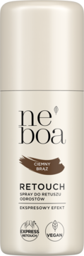 Neboa Retouch Spray do odrostów, ciemny brąz. Beżowa butelka, widoczny napis, szybki efekt, wegański. Z przodu.