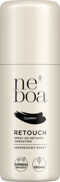 Neboa Retouch spray do odrostów, czarny, beżowa butelka, widok z przodu, logo Vegan.