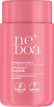 Różowy puder stylizujący Neboa Express Effect w cylindrycznym opakowaniu, widok z przodu. Daje efekt push-up i mat.