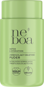 Jasnozielony puder Neboa zwiększający objętość włosów, z zieloną nakrętką, napis Vegan i Sebum Control.
