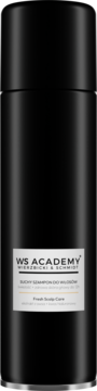 Czarny suchy szampon WS Academy Fresh Scalp Care, delikatnie oczyszczający skalp, w pionowej butelce sprayu, widok z przodu.