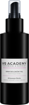 Czarny spray do loków i fal WS Academy Aktywacja Skrętu, widok z przodu, butelka z białą etykietą.