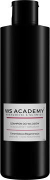 Czarny szampon WS ACADEMY do włosów z ceramidami i kwasem hialuronowym, widok z przodu, biała etykieta.