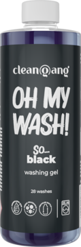 clean@ang OH MY WASH! So... black washing gel w ciemnej butelce z białą nakrętką, widok z przodu.