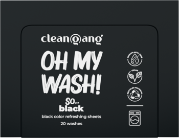Czarne opakowanie clean@gang OH MY WASH! So black, chusteczki do odświeżania czerni, 20 prań, widok z przodu.