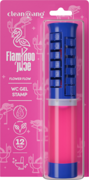 Clean Gang Flamingo Juce WC Gel Stamp, Flower Flow, 12 sztuk w różowym opakowaniu z niebieskim aplikatorem.