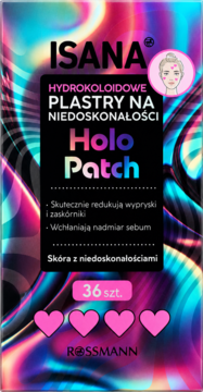 Front opakowania Isana Holo Patch, hydrokoloidowe plastry na niedoskonałości, holograficzny design różowo-niebieski, 36 sztuk.