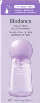Biodance Caviar PDRN Jelly Serum Mist (50ml) w fioletowym pudełku, z butelką z kulistą nakrętką. From Mask to Mist.