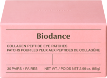 Różowe pudełko Biodance Collagen Peptide Eye Patches, widok z przodu. Zawiera 30 par hydrożelowych płatków.
