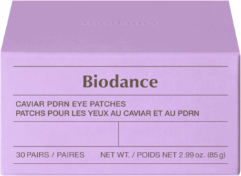 Fioletowe pudełko Biodance Caviar PDRN Eye Patches, regenerujące, 30 par, widok z przodu.