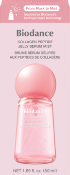 Różowa mgiełka-serum Biodance Collagen Peptide Jelly Serum w pudełku, widok z przodu, z napisem 'From Mask to Mist'.