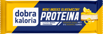 Opakowanie batona proteinowego Dobra Kaloria cytrynowy sernik, z niskim indeksem glikemicznym i 0% cukru.