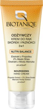 Beżowy krem do rąk BIOTANIQE Nutri Balance 3w1 z propolisem i miodem Manuka, widok z przodu.
