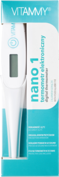 Biały termometr cyfrowy VITAMMY nano 1 częściowo wysunięty z turkusowo-białego opakowania.