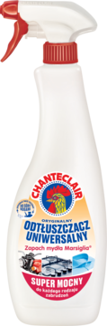 Biała butelka Chanteclair Odtłuszczacz Uniwersalny Super Mocny, czerwony spryskiwacz, etykieta z kogutem i napisami. Widok z przodu.