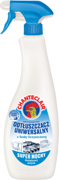 Chanteclair Super Mocny Odtłuszczacz Uniwersalny z sodą, biała butelka z niebieskim sprayem, widok z przodu.