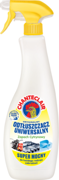 Chanteclair Super Mocny Odtłuszczacz Uniwersalny cytrynowy, biała butelka, żółty atomizer, przód.