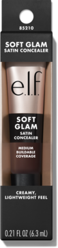 Korektor e.l.f. Soft Glam Satin w metalicznej tubce, widoczny w ciemnym opakowaniu kartonowym z okienkiem.