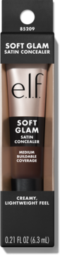 E.l.f. Soft Glam Satin Concealer w brązowo-złotej tubce w czarnym pudełku. Kremowa, lekka formuła, średnie krycie.