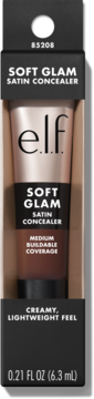 e.l.f. Soft Glam Satin Concealer w czarnym pudełku z okienkiem, brązowa tubka, lekki, średnie krycie, widok z przodu.