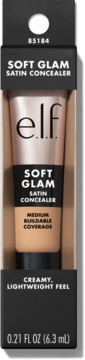 Beżowy korektor e.l.f. Soft Glam Satin w tubce, z średnim kryciem, widoczny w czarnym opakowaniu z okienkiem.