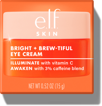 Pomarańczowe opakowanie kremu pod oczy elf SKIN Bright + Brew-Tiful z witaminą C i kofeiną, widok z przodu.