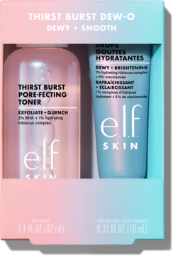 Zestaw elf SKIN Thirst Burst Dew-O, toner BHA i krople z niacynamidem, widok z przodu różowo-błękitnego pudełka.