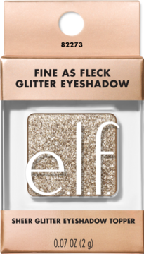 e.l.f. Fine as Fleck Sheer Glitter Eyeshadow Topper, złoty cień w transparentnym kwadratowym opakowaniu, przód.