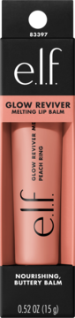 e.l.f. Glow Reviver Melting Lip Balm Peach Ring, odżywczy balsam w koralowej tubce w czarnym opakowaniu.