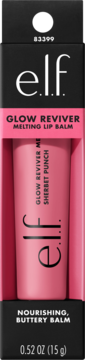 Różowy e.l.f. Glow Reviver Melting Lip Balm Sherbet Punch w czarnym opakowaniu z różowymi akcentami, widok z przodu.