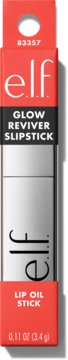 Czerwone pudełko e.l.f. Glow Reviver Slipstick Lip Oil Stick, z numerem 83357 i wagą 3.4g, widok z przodu.