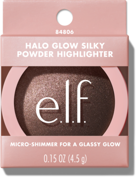 e.l.f. Halo Glow Silky Powder Highlighter w brązowym odcieniu z mikro-shimmerem, w różowym kartoniku, widok z przodu.