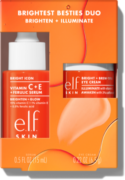 E.L.F. SKIN Brightest Besties Duo, pomarańczowe pudełko z serum Vitamin C+E i kremem pod oczy Bright+Brew.