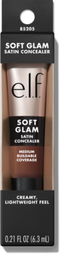 e.l.f. Soft Glam Satin Concealer w opakowaniu. Widoczna brązowa tubka daje średnie, lekkie krycie.