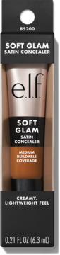 e.l.f. Soft Glam Satin Concealer w odcieniu Deep Cool, brązowa tubka w czarnym opakowaniu z okienkiem.