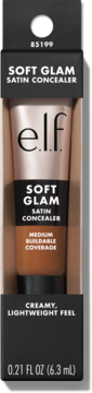Korektor e.l.f. Soft Glam Satin Deep Warm, czarne opakowanie z okienkiem, widok z przodu, średnie krycie.