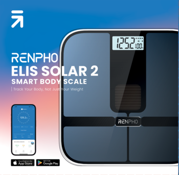 Czarna waga analityczna RENPHO Elis Solar 2 z panelem solarnym i cyfrowym wyświetlaczem na niebieskim tle.