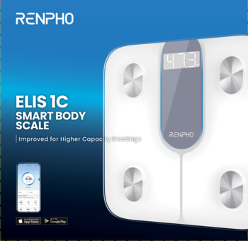 Biała inteligentna waga RENPHO Elis 1C z hartowanego szkła, cyfrowy ekran 47.3, cztery sensory, na niebieskim tle.