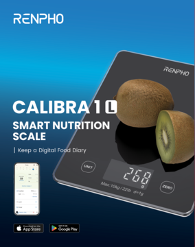RENPHO Calibra 1L, czarna inteligentna waga kuchenna z kiwis, widok z góry. Obok ekran aplikacji mobilnej.