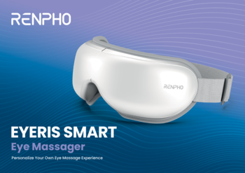 Biały masażer oczu RENPHO Eyeris Smart z logo, widok z przodu, na niebiesko-fioletowym tle.