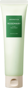 Aromatica Rosemary 3-in-1 Treatment, jasnozielona tubka z ciemnozieloną etykietą i beżową zakrętką, widok z przodu.