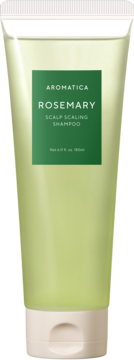Aromatica Rosemary Scalp Scaling Szampon w jasnozielonej tubce, widok z przodu z ciemnozieloną etykietą.