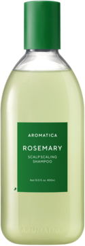 Aromatica Rosemary Scalp Scaling Shampoo, jasnozielona butelka z zieloną etykietą i nakrętką, widok z przodu.