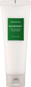 Biała tubka odżywki AROMATICA ROSEMARY Hair Thickening Conditioner. Zielona etykieta, widok z przodu. Bez silikonów.