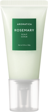Peeling solny do skóry głowy Aromatica Rosemary. Biała tubka z zieloną etykietą, widok z przodu. 165g.