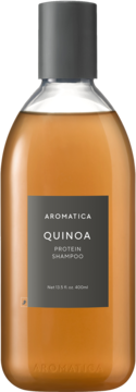 Szampon do włosów z proteinami AROMATICA Quinoa, bursztynowa butelka z szarą etykietą, widok z przodu.